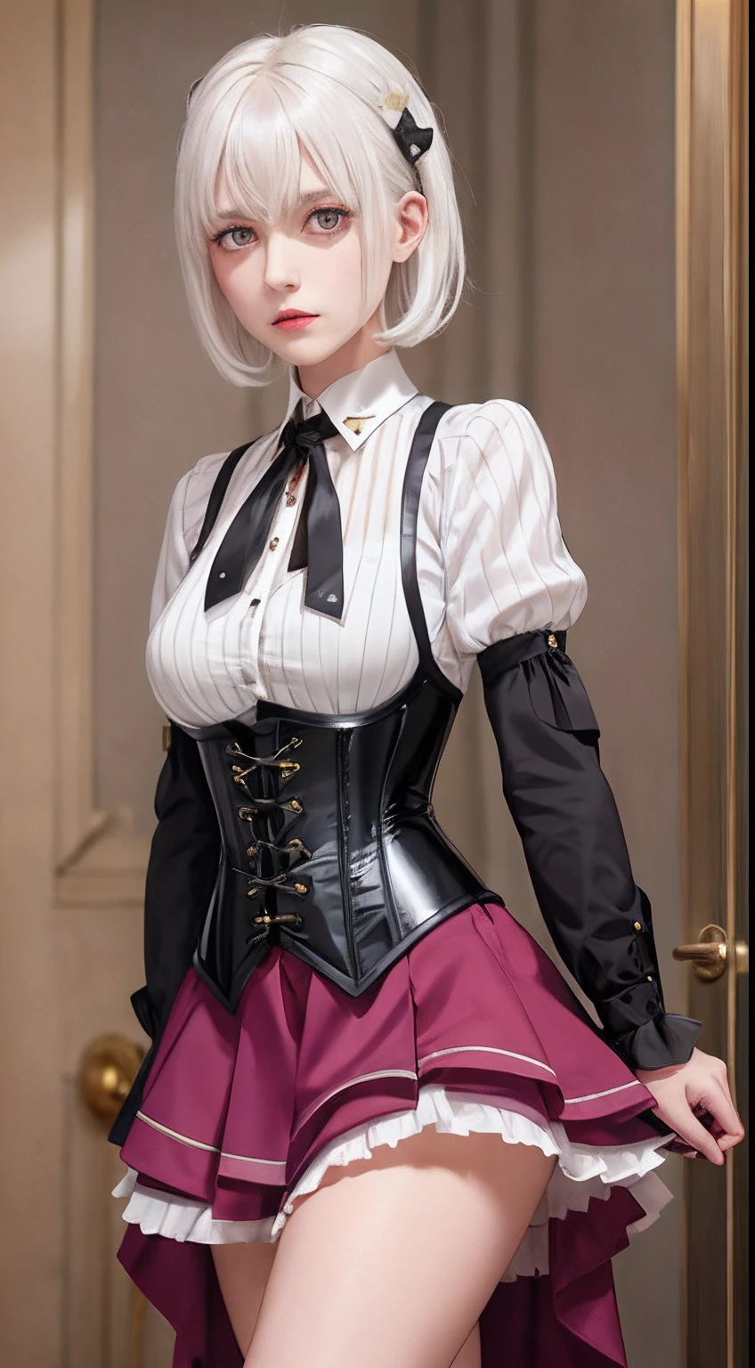 1girl, white hair, short hair, yellow eyes, small breasts, cat hair ornament, sidelocks, grey hair, shiny hair, school uniform, (golden eyes:1.2),(vest-corset on stomach with 2 long triangular extensions over the skirt), white buttons on vest-corset, (stripped shirt with short sleeves under the vest-corset), (the edges of the sleeves are close to the arms), (black colored thick ribbon on neck), (short magenta colored skirt),