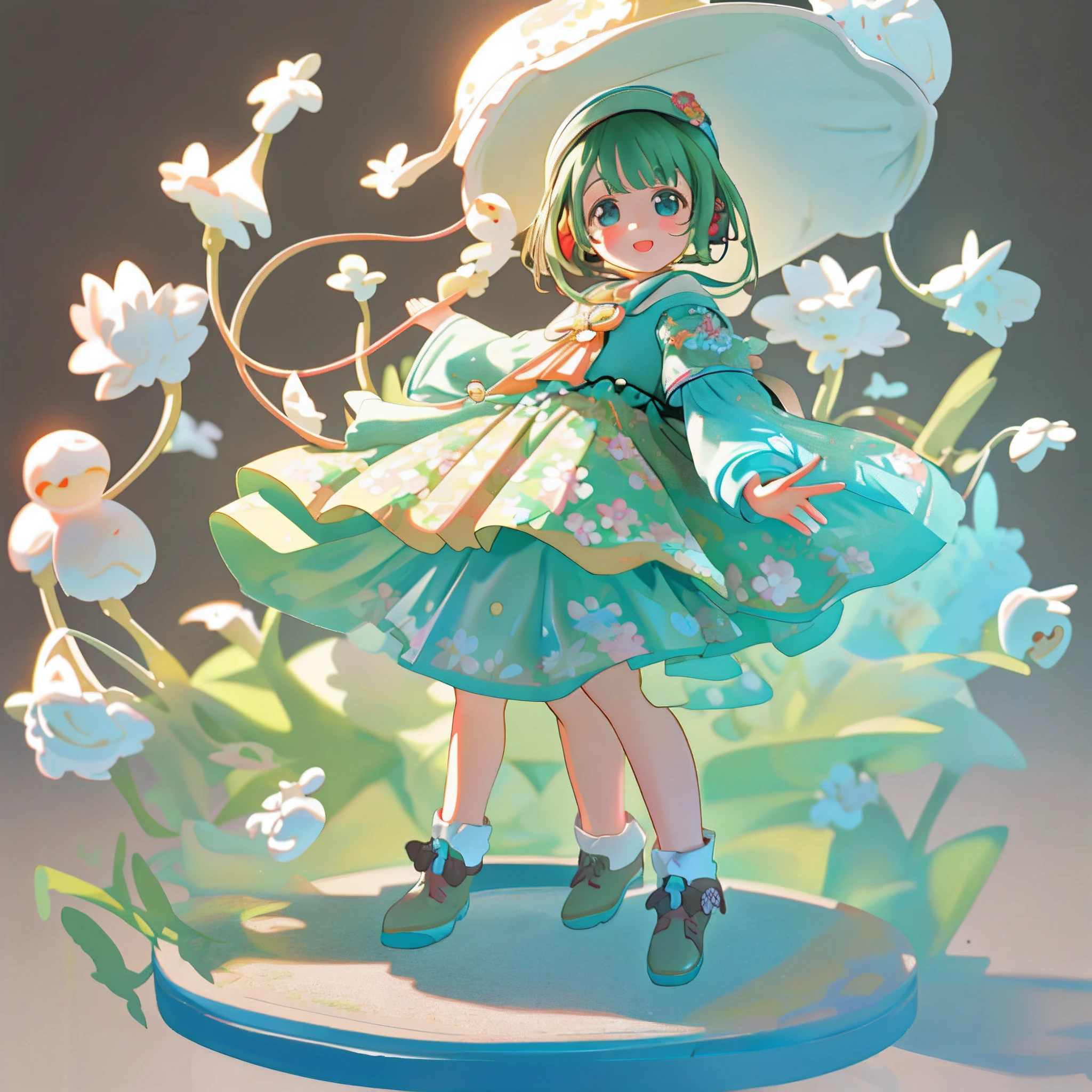 a Super cute girl ,Wearing a floral dress,Wearing boots,Wearing a hat and earphones,big watery eyes,full body,looking at viewer,open hands,MD clothing, clothing wrinkles,clean background,dreamy,excited,super cute girl IP by pop mart ,high detail ,hyper quality,Bright color,mockup blind box toy,disney style ,fine luster,3D render,oc render,best quality ,bright,front lighting,Face Shot,fine luster,ultra detoiled ,8k,
