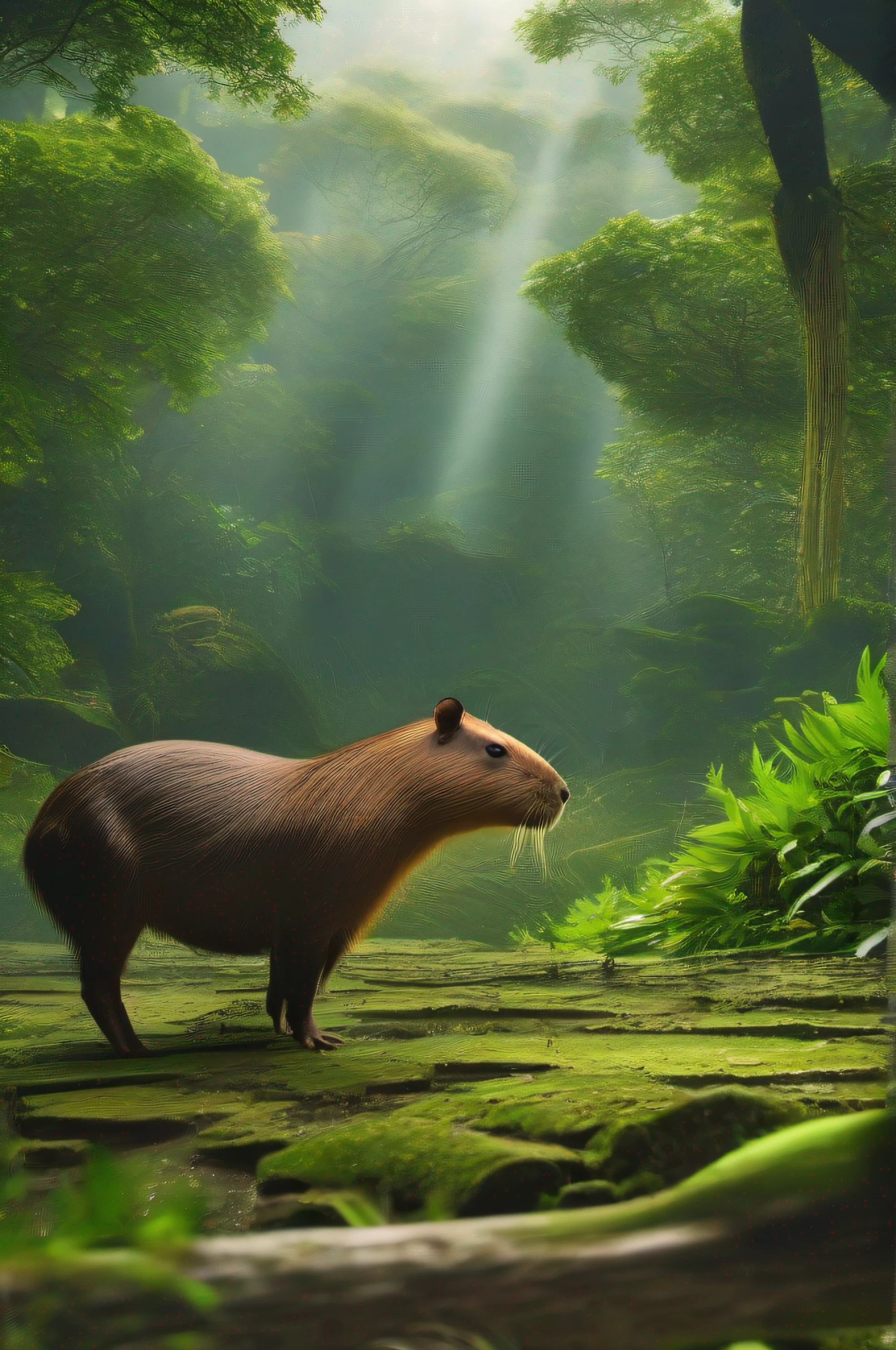 High nation-geographic symmetrical close-up portrait shoot in green jungle of an expressive Capybara, anamorphic lens, ultra-realistic, hyper-detailed, green-core, jungle-core –ar 16:9 –q 2 –v 5 rtx on --ar 73:128 --s 750 --v 5. 2
