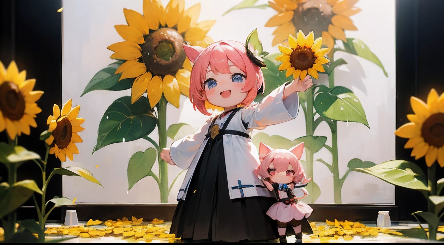 photoRealstic、 "Code Angel"、Doll standing in front of the painting、laugh face、Water droplets on the cheeks、Selfie Pose、spreading arms widely、、Sengai、pixiv、rokoko、dollfie dream、watercolor Nendoroid、(High Definition Figure)、flowing sakura-colored silk、nendroid、up of face、There are also flowers in front of the nendroids、Sunflower petals、season!!: 夏☀ 🍂 ヒマワリ