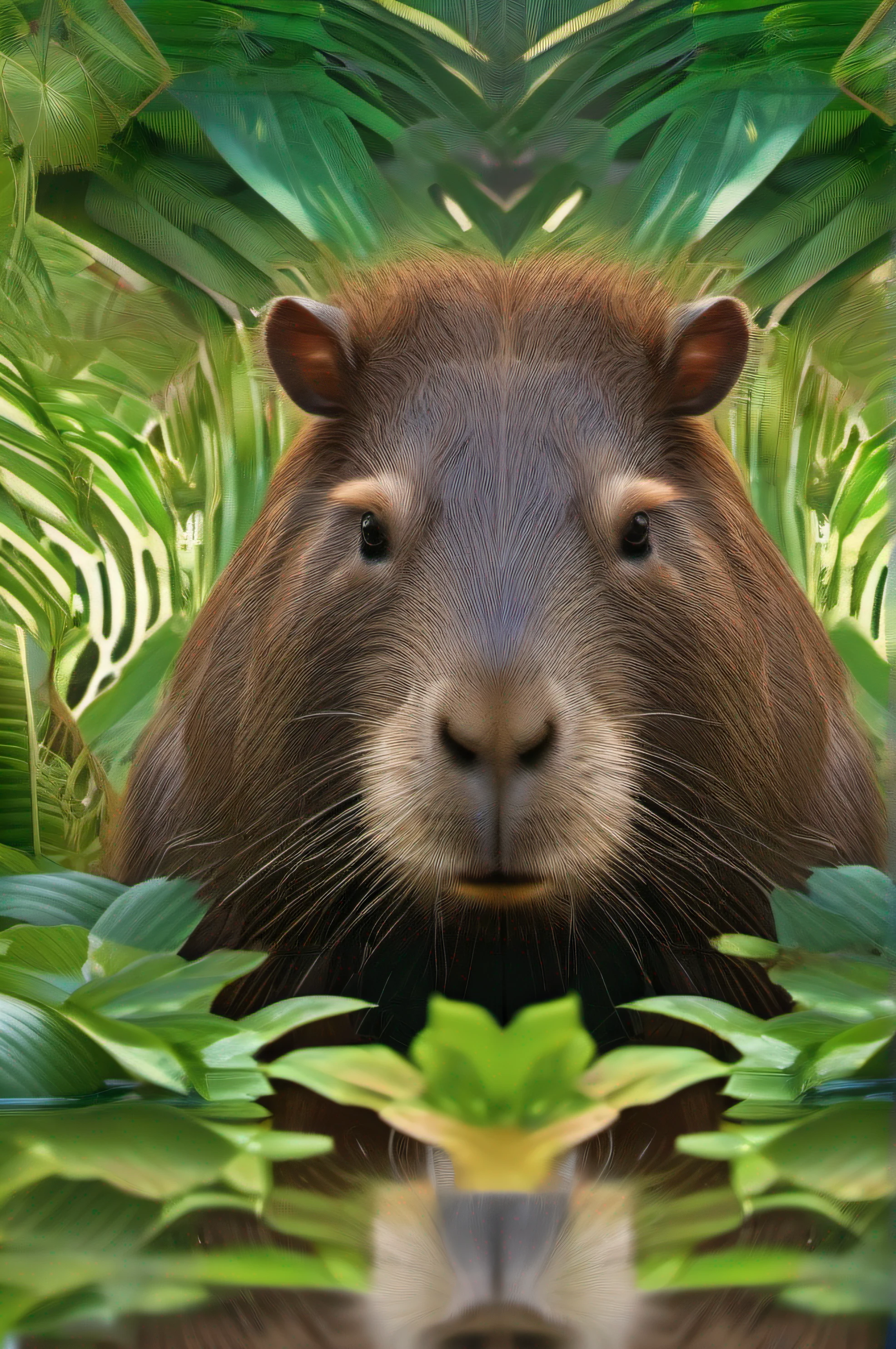 High nation-geographic symmetrical close-up portrait shoot in green jungle of an expressive Capybara, anamorphic lens, ultra-realistic, hyper-detailed, green-core, jungle-core –ar 16:9 –q 2 –v 5 rtx on --ar 73:128 --s 750 --v 5. 2