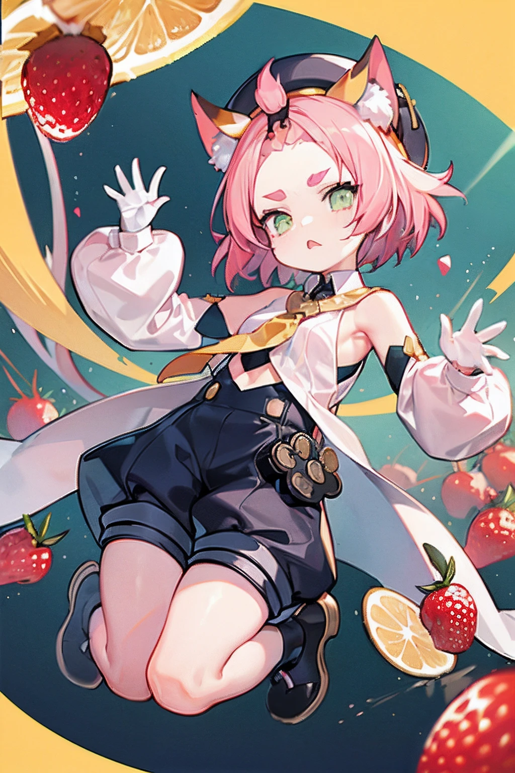 young child catgirl, short pink hair, yellow collar with a tie, white shirt with detached sleeves, black beret hat, black shorts, cat ears, angry looking, lemon slices at background, strawberries floating around, berries falling from the sky,