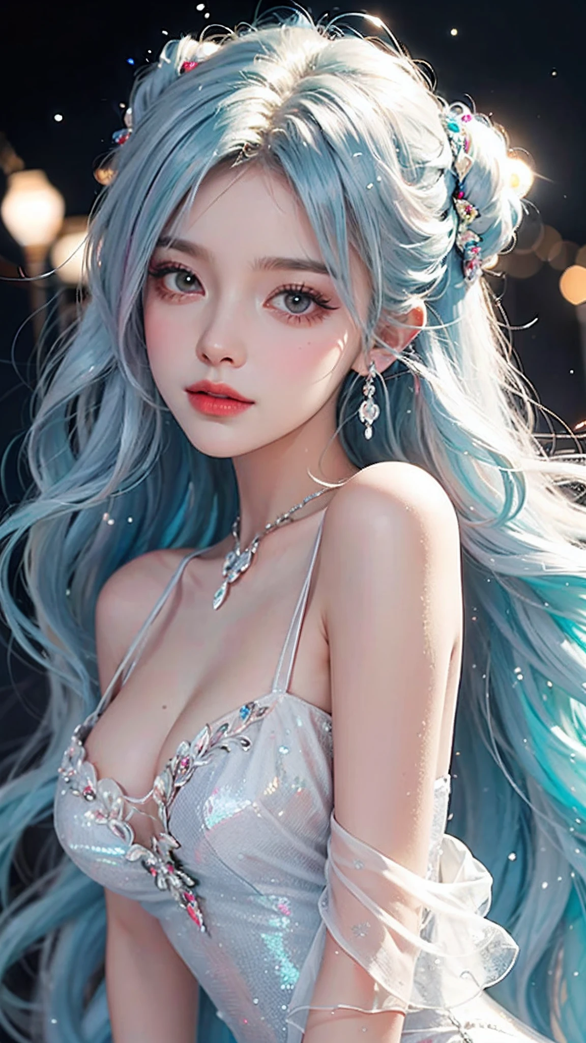 This is a realistic fantasy art piece featuring a realistic Goddess of Light, Beautiful fractal art,A faint swirl of smoke, And the beautiful Nordic goddess makes for an interesting composition.。. Her face is expertly sculpted, Elegant and sophisticated features with perfect shading and realistic skin texture. Her upper body (Turquoise and baby pink eyes) is a wonderful thing、Her aura of light is the focal point of this image.. (Her eyes are extremely detailed, Beautiful attention to detail, macro). 彼女 eyes feature intricate detailing with clearly defined irises and bright sclera. She is wearing a long, skin-covering dress with a classic pattern.,Long sleeve,詳細で宝stoneで作られたドレス,soft lips are smooth and very puffy, Her skin is pale flushed and adorned with gorgeous classical patterns.. 彼女 long gown is stunning and expensive, Made of pure ice and shining light,光の中できらめく華やかな宝stone. 彼女 billowing gown glitters from the flames and features a delicately and intricately embroidered bodice with wisps of flames running across it. Include fantasy elements such as bumps, stone, Fiery Iris, silk, And an interesting background. Include magical creatures such as birds and butterflies that give off a magical and mystical aura.. Lighting: Enhance your artwork with the latest lighting trends. camera: Use dynamic composition to create tension and excitement. Take inspiration from current masters of the fantasy genre, Including popular artists on Artstation and Midjourney. ((masterpiece))