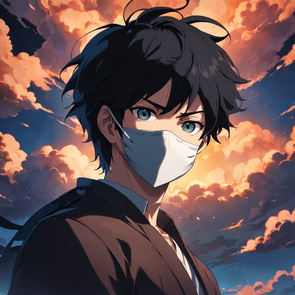 masterpiece, best quality, movie still, 1 ager male, mature, (((black mask))), side face, black hair, cloud, floating in the sky, close-up, bright, warm soft lighting, sunset, (sparks:0.7)