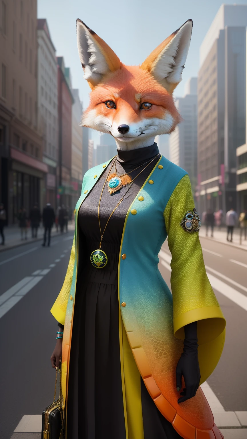 (1 Beautiful fox ((anthropomorphic turtle,)) Colorful fashion necklace),Stand in the middle of an empty city, (((full bodyesbian))), concept-art, trending on artstationh, Hyperrealistic, Vivid colors, rim-light, Extremely detailed Cg Unity 8K wallpaper, trending on artstationh, Yayoi Kusama's pop art style, Intricate, High detail。
