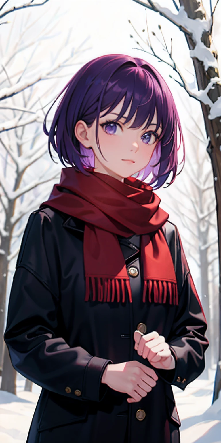 masterpiece, HD, 8k, 1 girl, short hair, purple hair, red scarf, winter clothes, in the forest, snowy