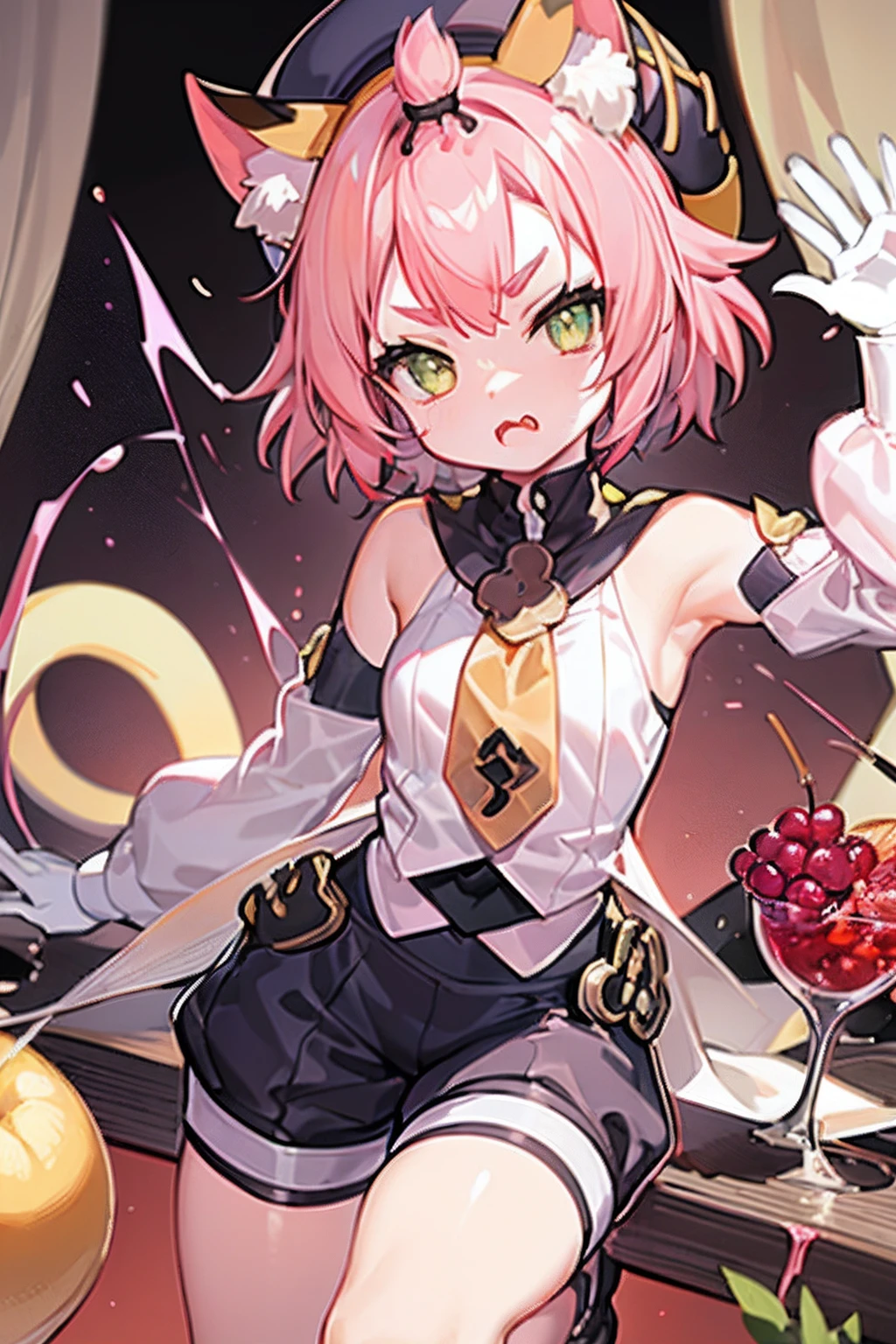 young child catgirl, short pink hair, yellow collar with a tie, white shirt with detached sleeves, black beret hat, black shorts, cat ears, angry looking, making a fancy cocktail with wine and berries and fruits, ((pouring wine into glass))