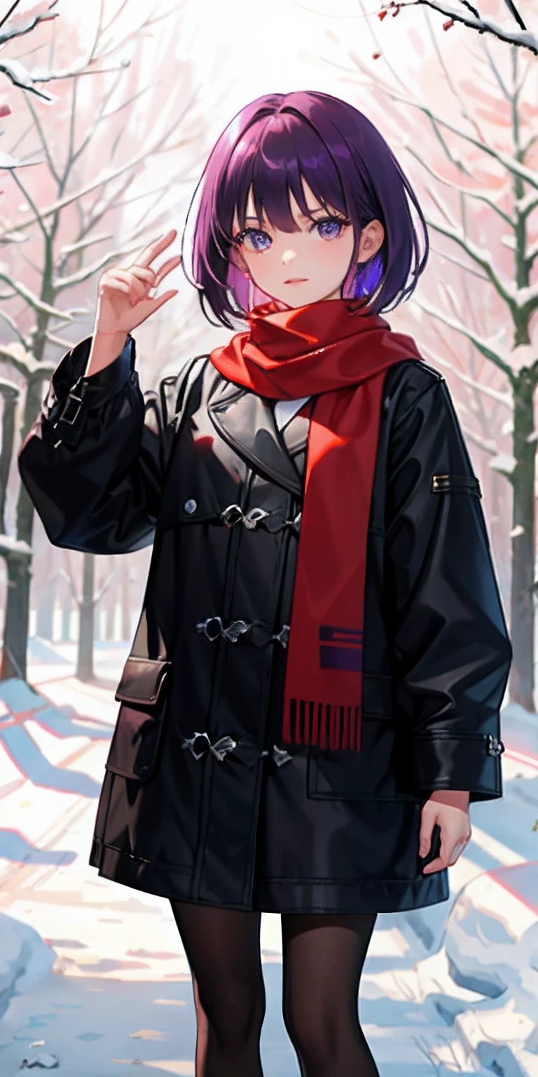 masterpiece, HD, 8k, 1 girl, short hair, purple hair, red scarf, winter clothes, in the forest, snowy
