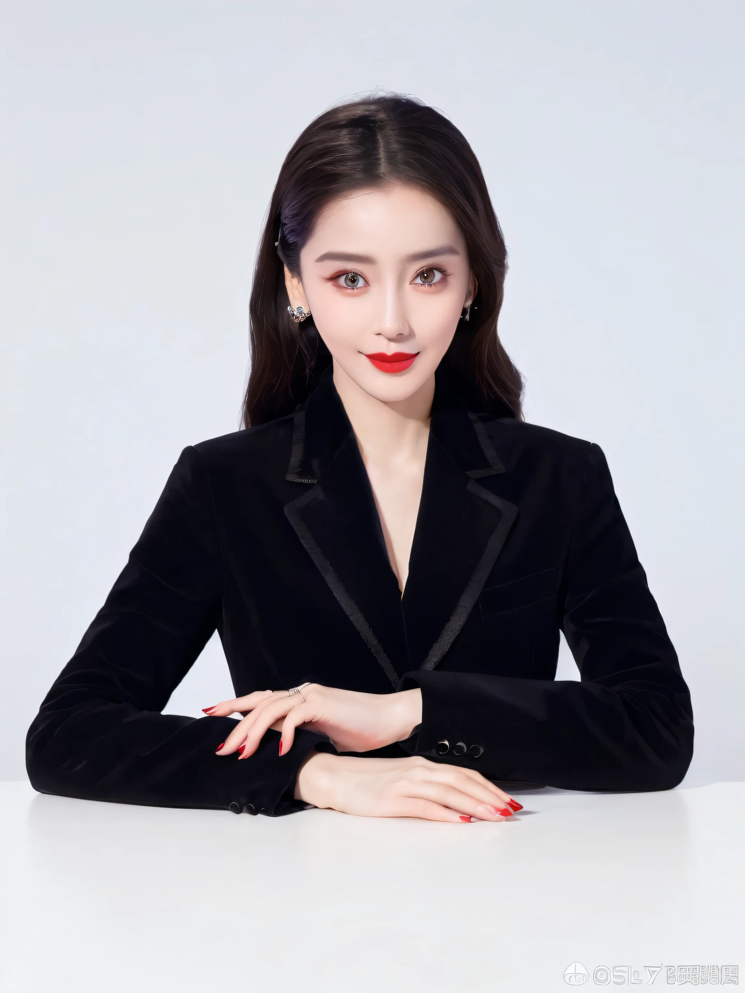 Arad woman in black jacket and red lipstick poses for a photo, wearing a black noble suit, dilraba dilmurat, Fan Bingbing, Li Zixin, Li Bingbing, wearing black suits, shaxi, wearing a black and red suit, Xianxia, wearing black suits, jia, Lu Ji, jinyiwei