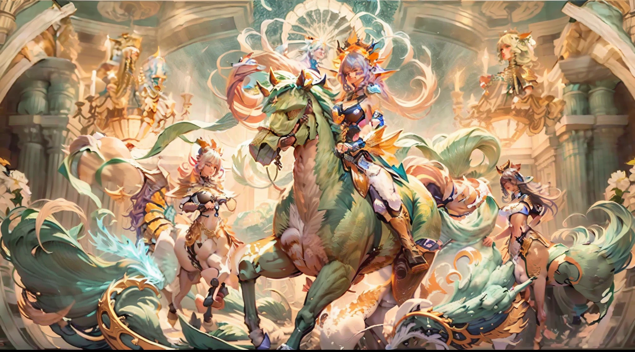 In the beautiful illustration of this super-grand scene，The ultra-long-range lens is shown（Over eight unique centaur characters：9.9），They all have their own characteristics，Vivid and interesting。Radiant angelic centaurs from the heavenly realm，To the hellish centaurs surrounded by nightmarish flames，And then to the Wind Fairy Centaur dancing in the air，There are also one-horned centaurs surrounded by thunder and lightning，and mechanical centaurs that shine with metallic light，And then to the powerful dragon centaur with colored dragon scales covering the whole body，The elegant and agile elf centaur always wears a flower crown with its slender graceful lines，Enchanting and charming Tiflin centaurs。Each character has their own unique charms and abilities。The illustration uses advanced artistic techniques and tools，（Divide the scene into sections by geometric arrangement：9.9），Each section corresponds to a centaur character，This makes more efficient use of space。Through Midjourney's advanced brush tools、Color palette、Material packs and model packs，For each centaur, beautiful props are designed to increase racial characteristics、Clothing and physical features，Enhances the character's personality and visual appeal。The scenery in the illustrations is stunning，There are changing skies、rainbowing、extreme light、Stars and Moon。Incorporating iconic landmarks such as Mount Everest，and fireworks、tranquil lake、Natural and urban elements of waves and neon lights，Creates a magical atmosphere。The centaurs display their unique abilities and equipment in a variety of environments，This is true even in extreme alien landscapes。（Use Midjourney's tools、Material packs、Texture tools、The color palette makes depicting details vivid and realistic：9.9），From complex hairstyles and as well as different racial traits、Body、Appearance features、Clothing to real textures，This greatly enhances the realism of the characters and surroundings。The fusion of multiple art styles adds movement to the centaur's