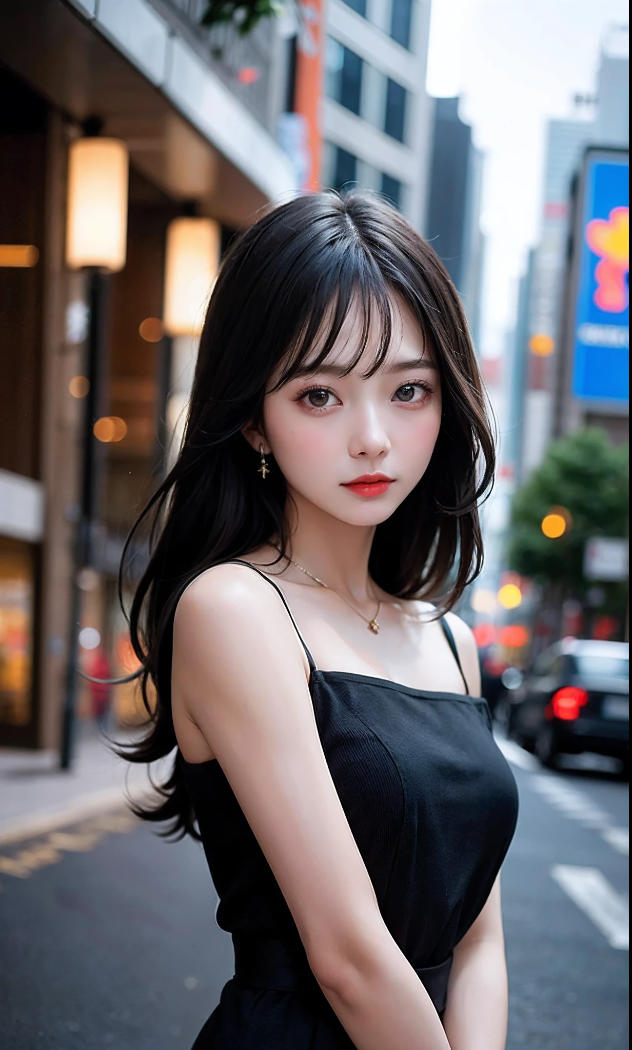 top-quality, ​masterpiece, 超A high resolution, (Realisticity: 1.4), OriginalPhotographs, 1girl in, Black off-shoulder, Cinematic lighting、Pulling photo、A city scape、Fashionable clothes