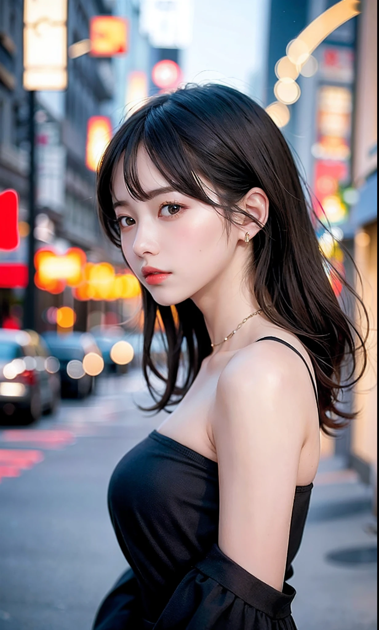 Detailed details,、hight resolution、hightquality、Perfect dynamic composition、Beautiful detailed eyes、poneyTail、Small breasts、Natural Color Lip、Kamimehibuya、20 years girl、1 persons、Transparent skin、Glowing hair、masutepiece、Best Quality、finely detail、hight resolution、8K、The correct state of the human body、Wearing a black knitted dress、randome pose、Gravure Model Pose、Hair soaring in the wind、perfect arms