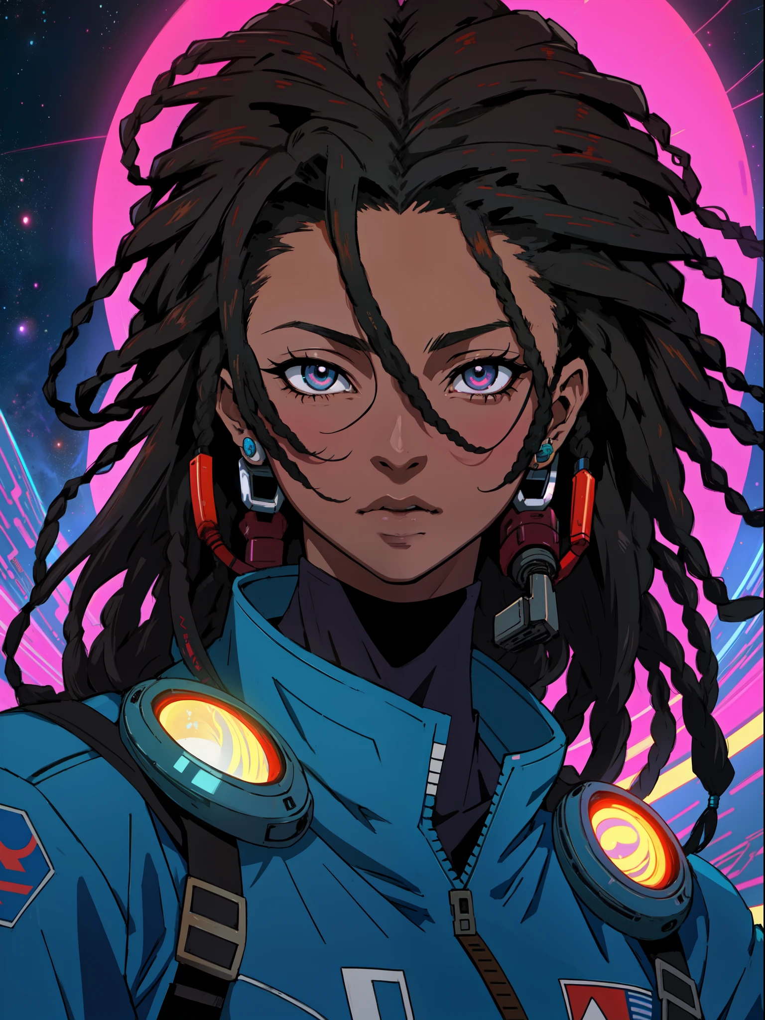 um close up de uma pessoa com pele escura ( pele negra: 1.3)  Hair Dreadlocks wearing a helmet with a neon light, portrait anime space cadet girl, Estilo anime 4K, 4k anime wallpapers, 4k anime wallpapers, arte digital do anime cyberpunk, Anime Art Wallpaper 4K, Anime Art Wallpaper 4K, Arte de anime cyberpunk, papel de parede anime 4k, cyber space cowboy, Anime Art Wallpaper 8K