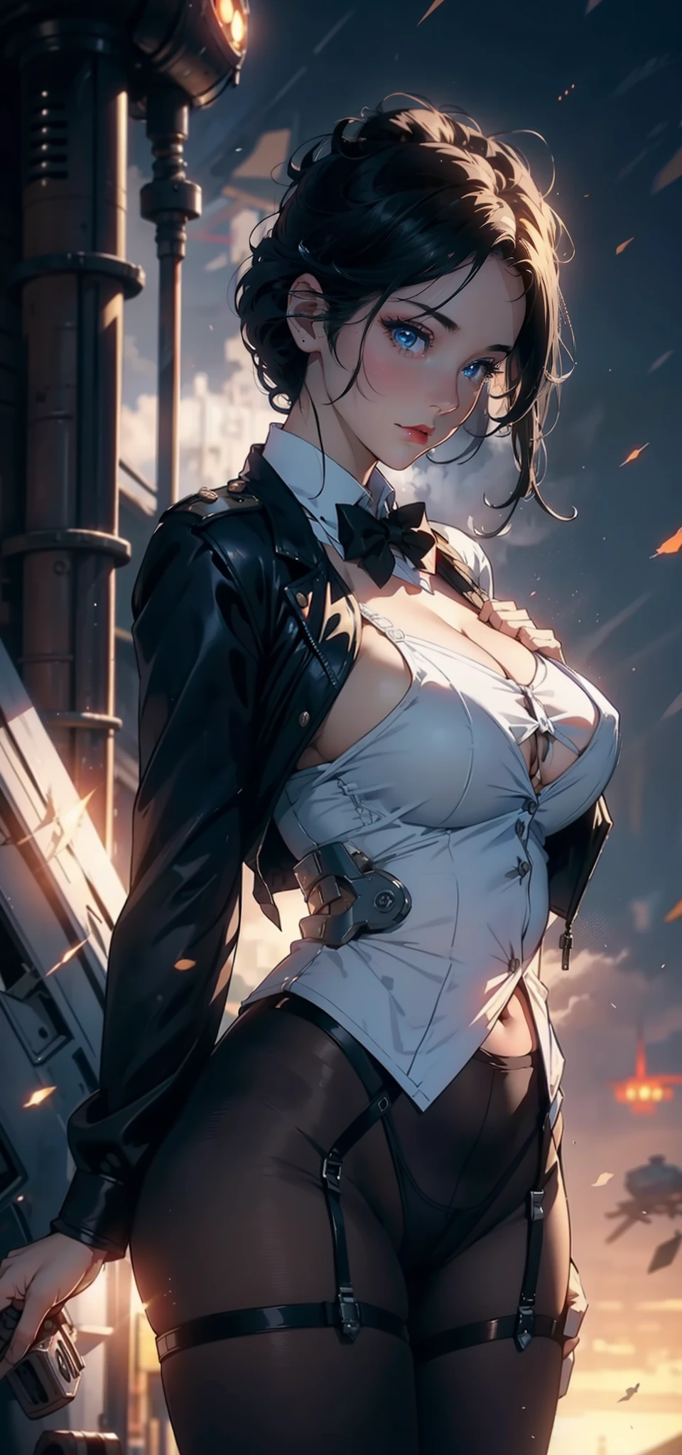 1female，35yo，plumw，extremely large bosom， 独奏，（Background with：Huge machinery，droid，aerodrome，Planes，Huge mechanical armor，） She has very short black hair，bobo head，Stand on the plane，，seen from the front， hair straight， mostly cloudy sky，（（（tmasterpiece），（Very detailed CG unity 8K wallpaper），best qualtiy，cinmatic lighting，detailed back ground，beatiful detailed eyes，Bright pupils，Blue eyes，Snow-whiteskin，Redlip（Very fine and beautiful），（Beautiful and detailed eye description），ultra - detailed，tmasterpiece，））facing at camera，A high resolution，ultra - detailed），revealing breasts，Bare genitalia，  Bulge，legs are open，Raised sexy，Camel toes，Flushed complexion，Desire for dissatisfaction，frontage，British Air Force，Aviator，Officer's cap（Wearing：blazer jacket，tailcoat，White color blouse，a black bowtie，Black pantyhose，Bare breasts）
