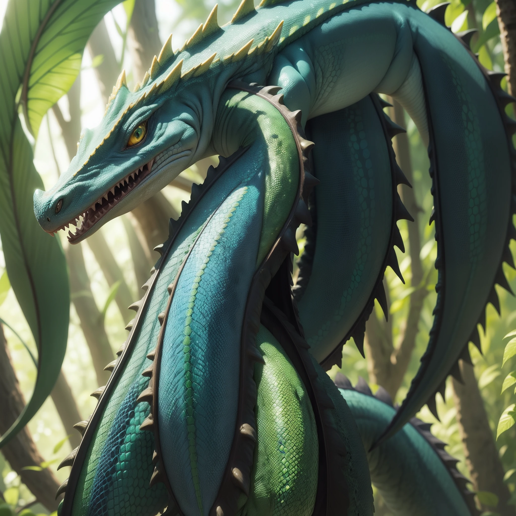 Lizardfolk, Female. golden eyes. Blue-black hair, Collected in the tail. Emerald scales.