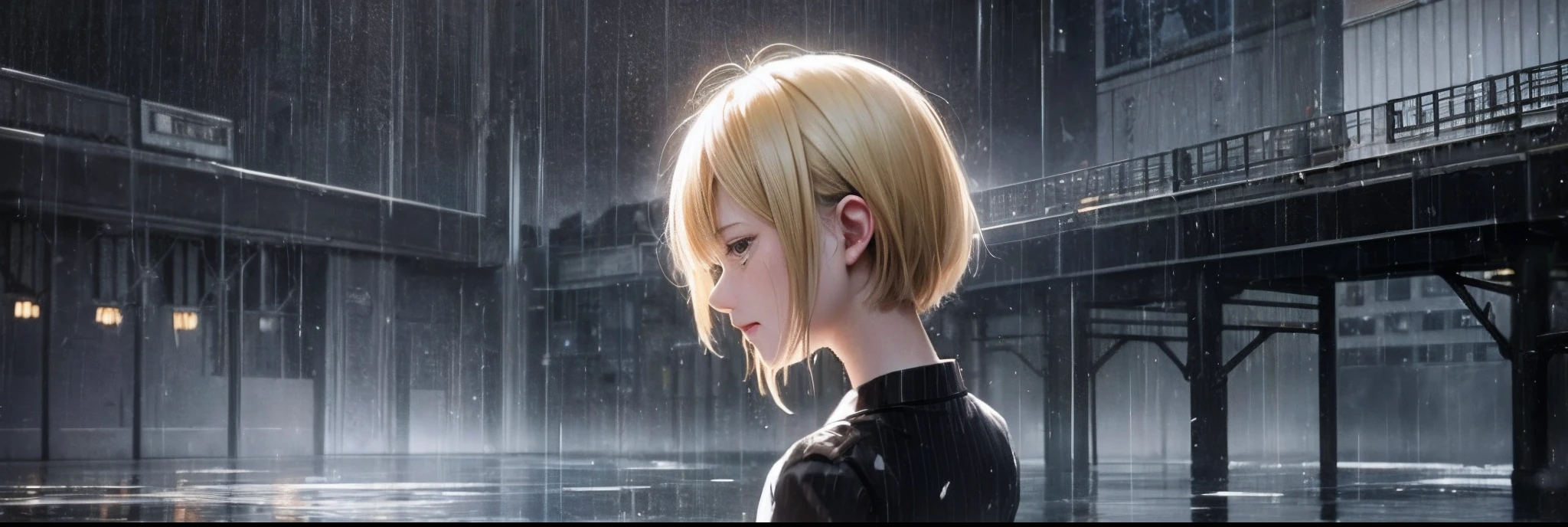Sad girl,cry,darkness,Rain sky,。.。.。.。.。.。.。.。.。.。.3D,Upscale,hard disk,Blonde short,is crying,with his back turned