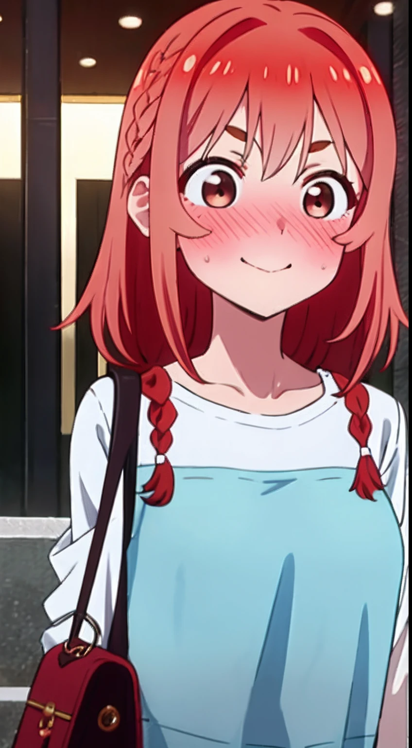 1girl in, 独奏, Sakurazawa Wandering, Braids, Brown-eyed, Red-haired, Medium Hair, full of shyness, (​masterpiece:1.2), Hi-Res, top-quality, 8K, A smile、embarrassed、red blush