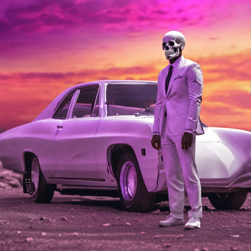 Skull Face with halo floating crown in white suit purple tie with retrowave sunset background, with male hair bun on top