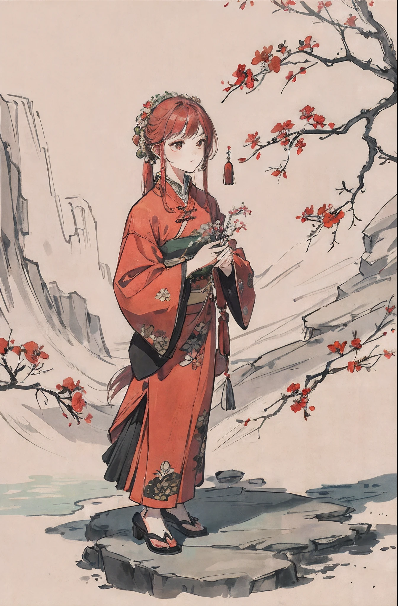 (Masterpiece, best quality: 1.2), traditional Chinese ink painting, bluegrass, a plant, flower, a goddess of animals, red hair