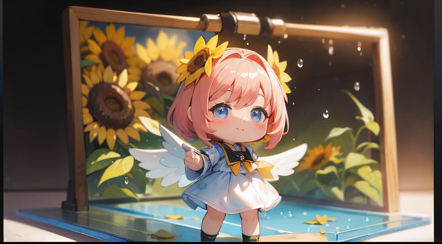 photoRealstic、 "Code Angel"、Doll standing in front of the painting、swim wears、laugh face、Water droplets on the cheeks、Selfie Pose、Sengai、pixiv、rokoko、dollfie dream、watercolor Nendoroid、(High Definition Figure)、flowing sakura-colored silk、nendroid、up of face、There are also flowers in front of the nendroids、Sunflower petals、season!!: 夏☀ 🍂 ヒマワリ