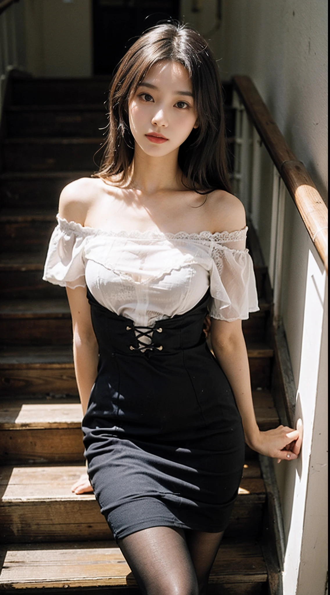 (8K,tmasterpiece,RAW photos,best qualtiy,the detail:1.2),Japanese female model,height is 180 cm,perfect bodies,wavy and long hair,Yellow hair,Pose on wooden stairs in off-the-shoulder dresses and high heels,wearing silk stockings,Wear 0D pantyhose,full lenght shot, Dressed in black lace, Pink clothes, Thin stockings, tightly dress,Lace-up dress,see through dresses,Ray tracing