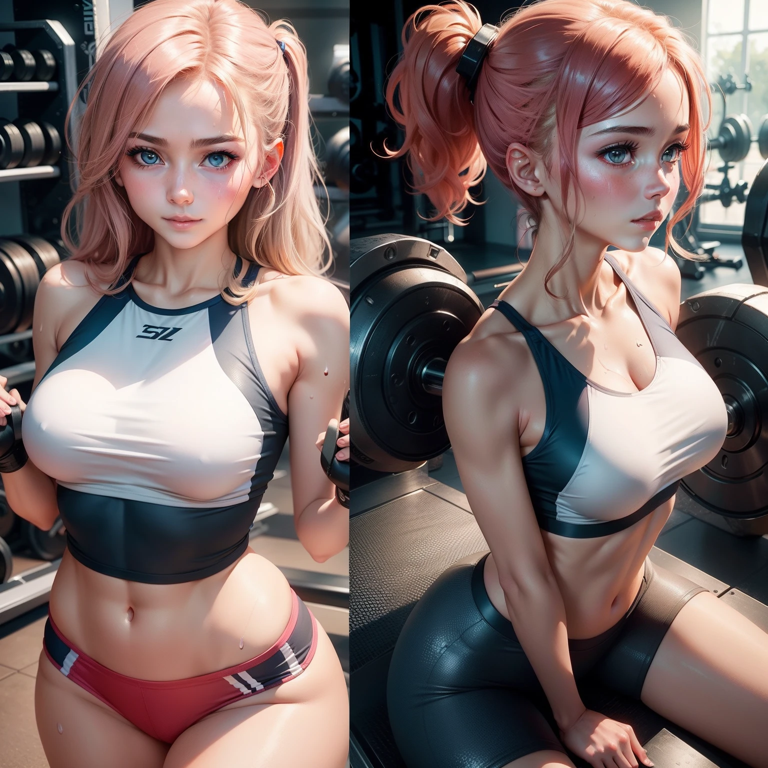 a beauty girl,Comic style,Small of breast,Love in the eyes,sweat profusely,It looks very comfortable,In the fitness equipment room