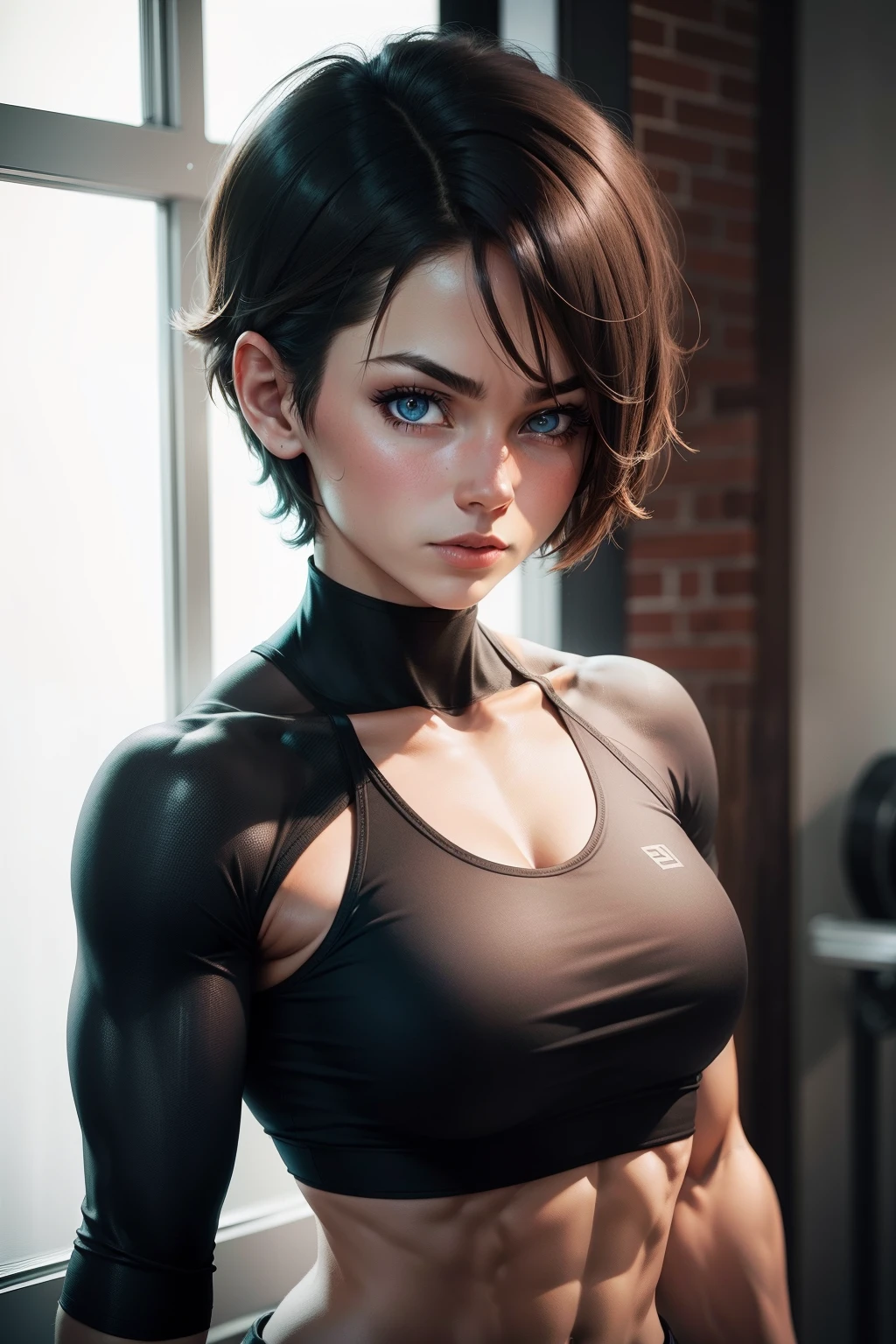 Strong girl with short hair with muscles wearing half sleeves