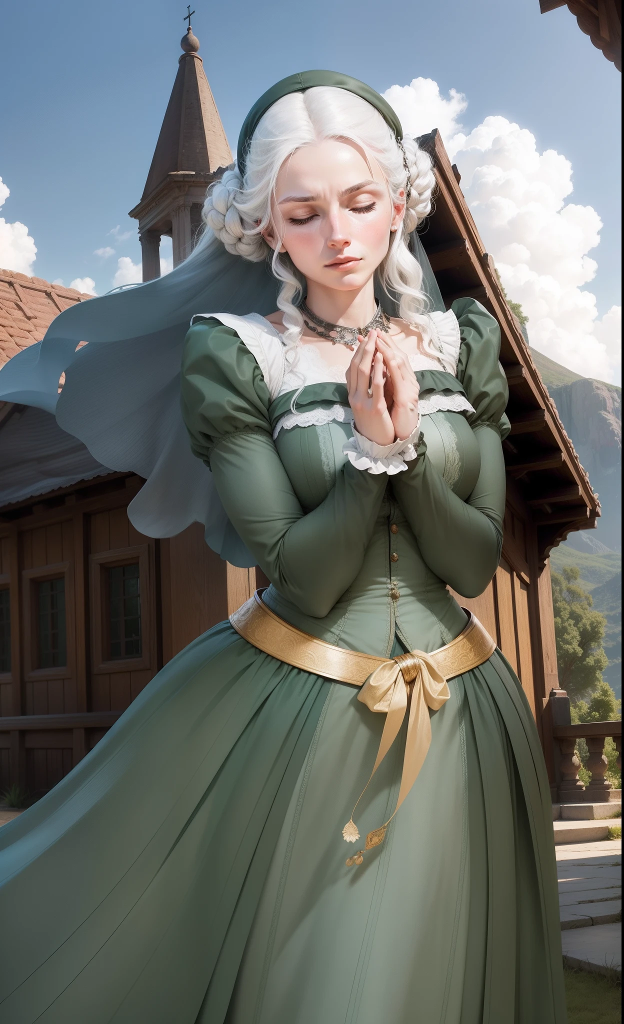 Beatrix Barbosa, lower nobility, 16th century, renaissance, age of exploration, white hair, eyes closed, two hands praying to Christian God, middle-aged, age of 30, woman, Spanish, long hair fluttering in wind, ill-fated, heroine,beautiful, very impressive, thin, weak, polite, educated, intelligent, clever, loyal, firm, steady, elegant, pitiful, unhappy