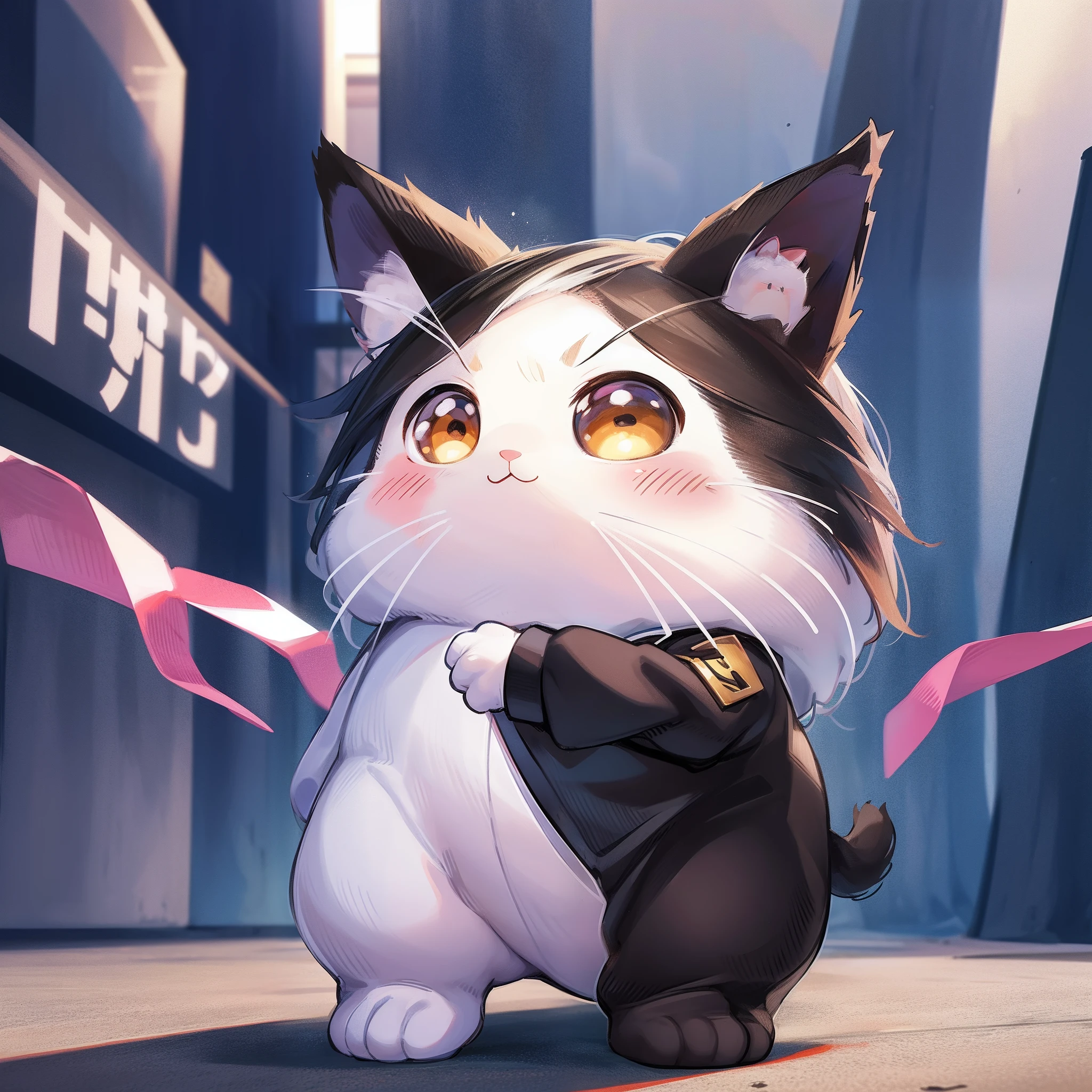 Tiny Cat standing, wearing a Tuxedo, kawaii, chibi, tiny body, big head, Comical, ultra detailed illustration, (Best quality), (masterpiece:1.3), (photorealistic:1.36), (realistic), ultra-detailed,