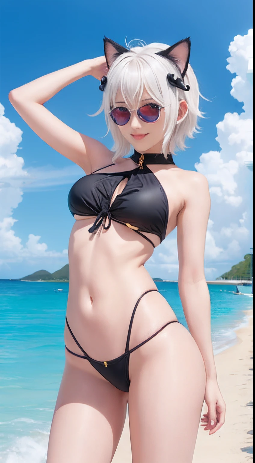 Koneko Toujou (DXD), 1girl, swimsuit, beach, sunglasses, smile, cat ears, white hair, short hair,