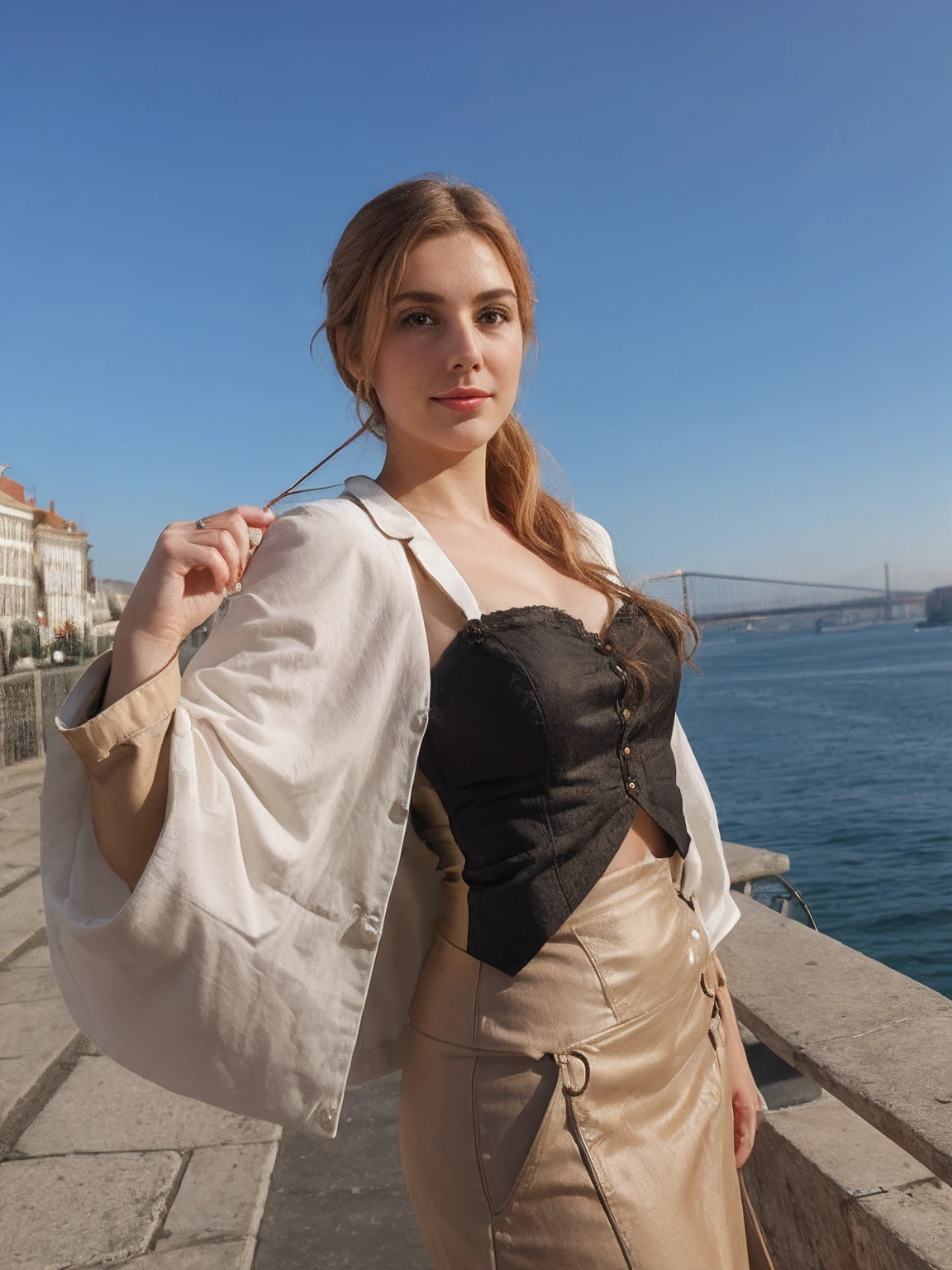 __hair color__, european woman, hairlong, Background of the city of Lisbon, winter, Professional, 4k, HD, UHD, 8K, higly detailed, ultra resolution