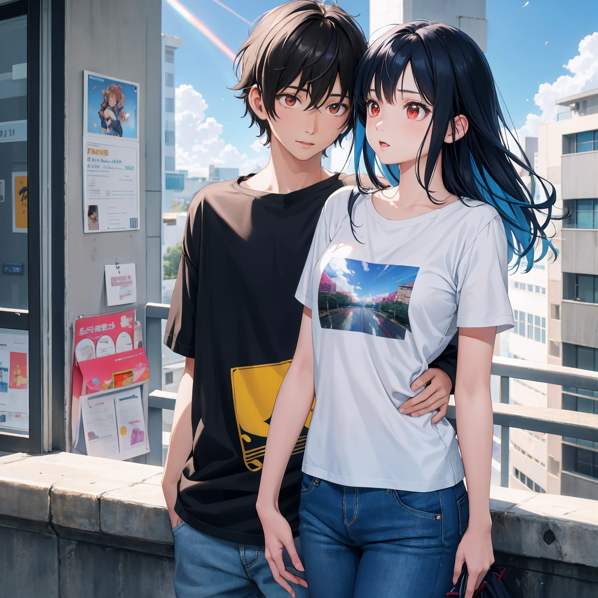 two couple anime, boy & girl they are falling love, cute girl, beautiful face, inner t-shirt, denim jacket, several color flying butterfly, daylight, blue sky, on the balcony, 4k, realistic quality, border frame, dynamic anime , dynamic image, high quality, black hair, red eyes, light particles, light rays, wallpaper, high contrast, colorful,