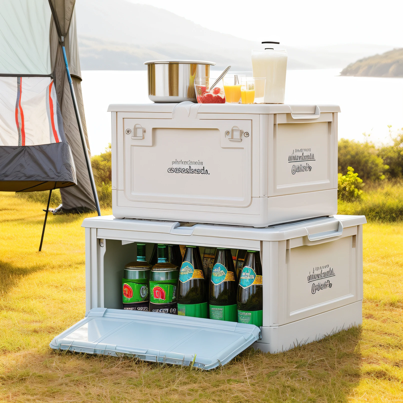 There are two storage bins stacked on top of each other on the grass, product introduction photos, Picnic scenes are realistic, exteriors, Fill with drinks,full subject shown in photo, drink, photoshoot, Leisurely features, majestic masterpiece, scenic full shot, festivity, laid - back, advertisement picture, Outdoors, camping, the fruits, En plein air, advertising photograph
