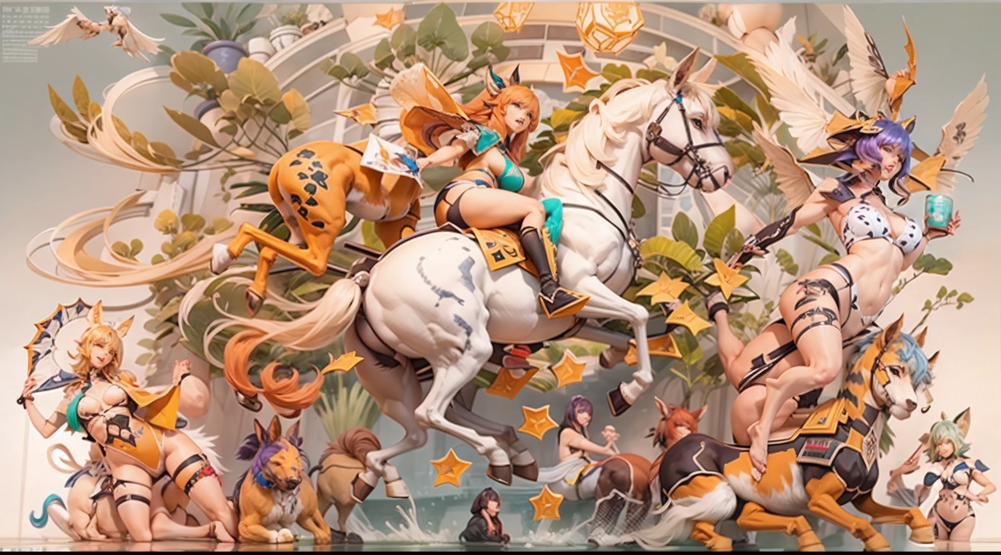 In the beautiful illustration of this super-grand scene，The ultra-long-range lens is shown（Over eight unique centaur characters：9.9），They all have their own characteristics，Vivid and interesting。Radiant angelic centaurs from the heavenly realm，To the hellish centaurs surrounded by nightmarish flames，And then to the Wind Fairy Centaur dancing in the air，There are also one-horned centaurs surrounded by thunder and lightning，and mechanical centaurs that shine with metallic light，And then to the powerful dragon centaur with colored dragon scales covering the whole body，The elegant and agile elf centaur always wears a flower crown with its slender graceful lines，Enchanting and charming Tiflin centaurs。Each character has their own unique charms and abilities。The illustration uses advanced artistic techniques and tools，（Divide the scene into sections by geometric arrangement：9.9），Each section corresponds to a centaur character，This makes more efficient use of space。Through Midjourney's advanced brush tools、Color palette、Material packs and model packs，For each centaur, beautiful props are designed to increase racial characteristics、Clothing and physical features，Enhances the character's personality and visual appeal。The scenery in the illustrations is stunning，There are changing skies、rainbowing、extreme light、Stars and Moon。Incorporating iconic landmarks such as Mount Everest，and fireworks、tranquil lake、Natural and urban elements of waves and neon lights，Creates a magical atmosphere。The centaurs display their unique abilities and equipment in a variety of environments，This is true even in extreme alien landscapes。（Use Midjourney's tools、Material packs、Texture tools、The color palette makes depicting details vivid and realistic：9.9），From complex hairstyles and as well as different racial traits、Body、Appearance features、Clothing to real textures，This greatly enhances the realism of the characters and surroundings。The fusion of multiple art styles adds movement to the centaur's