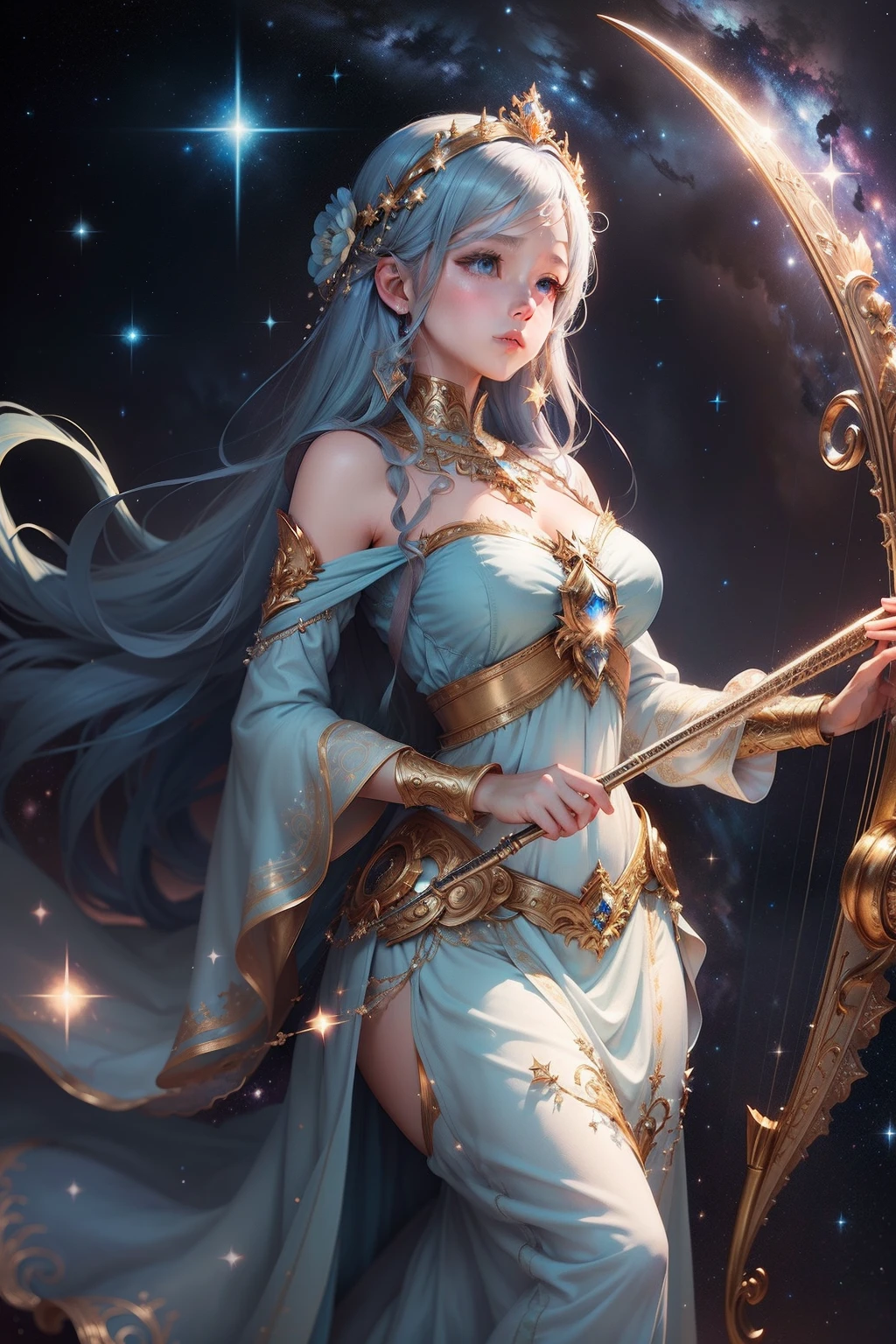 Image type:illustration、Fantasy painting
subject:God girl、harp(Highest definition)(Perfect facial features,Perfect flesh)
Detail keywords:galactic、Light blue long dress、As estrelas、kosmos、ray of lights(ultra intricately detailed)
enviroment:mistic、peacful、vast
Lighting effects:Soft starlight sprinkles on the goddess and harp
composition:The goddess is in the center of the picture,The Milky Way and stars form the background,The long skirt flutters,The harp is placed next to the goddess
Art style:fanciful、dream magical、Delicate drawing technique、pastelcolor