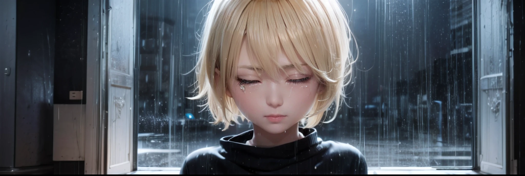 Sad girl,cry,darkness,Rain sky,。.。.。.。.。.。.。.。.。.。.。.3D,Upscale,hard disk,Blonde short,is crying,with his back turned