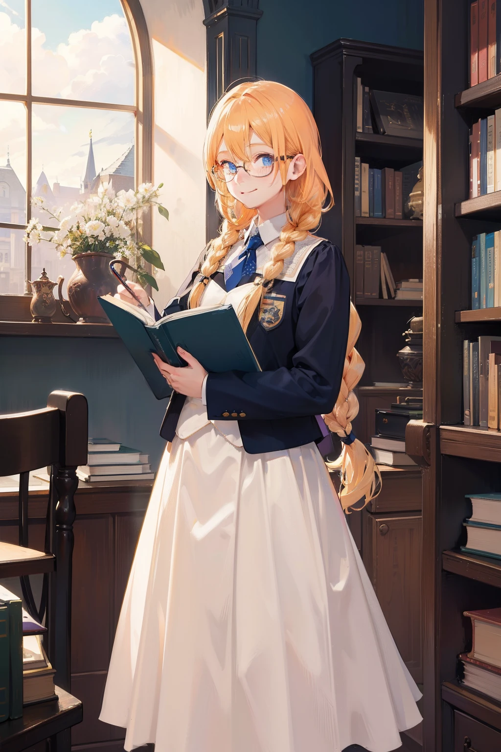 Flaxen braid，eBlue eyes，round frame glasses，Smile coyly，Wearing a long skirt in a student uniform，Heavy books in hand，with freckles