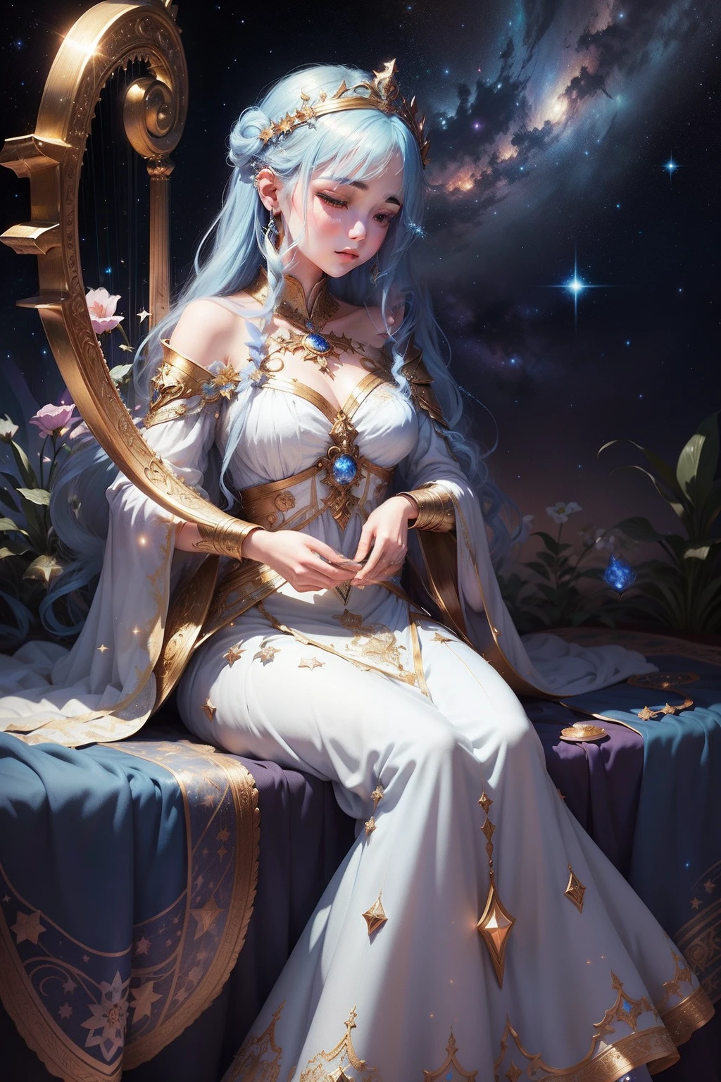 Image type：illustration、Fantasy painting
subject：God girl、harp(Highest definition)(Perfect facial features，Perfect flesh)
Detail keywords：galactic、Light blue long dress、As estrelas、kosmos、ray of lights(ultra intricately detailed)
enviroment：mistic、peacful、vast
Lighting effects：Soft starlight sprinkles on the goddess and harp
composition：The goddess is in the center of the picture，The Milky Way and stars form the background，The long skirt flutters，The harp is placed next to the goddess
Art style：fanciful、dream magical、Delicate drawing technique、pastelcolor