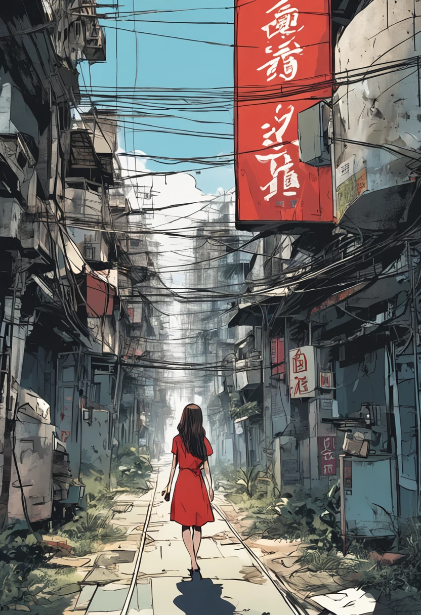 Kowloon City、Back alley、(Wet ground)、((Delicate depiction))、pipes、duct、electric wires、signboard、plein air, blue open sky, shorth hair, One girl in a red dress、((a beauty girl))、Skysky, looking at the viewers, Moody lighting,