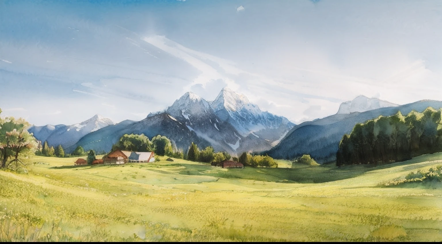 watercolor drawing mountains in the distance with a house in the foreground, illustration