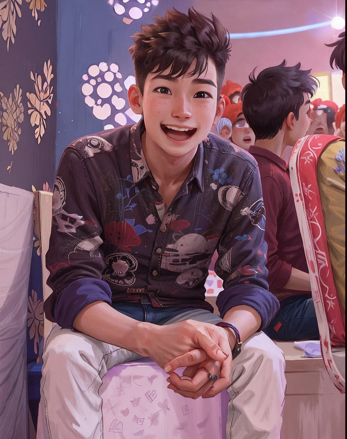 younge boy,cheerfulness,KTV,Sing(Clutter - home:0.8), (tmasterpiece:1.2) (realisticlying:1.2) (Bokeh) (best qualtiy) (detailedskin:1.3) (complexdetails) (8K) (detailedeyes) (Sharp focus),(having fun)