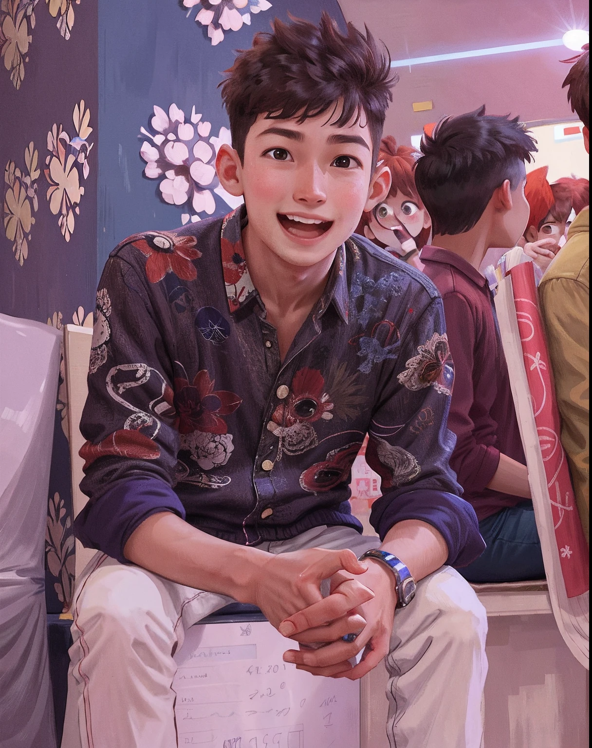 younge boy,cheerfulness,KTV,Sing(Clutter - home:0.8), (tmasterpiece:1.2) (realisticlying:1.2) (Bokeh) (best qualtiy) (detailedskin:1.3) (complexdetails) (8K) (detailedeyes) (Sharp focus),(having fun)