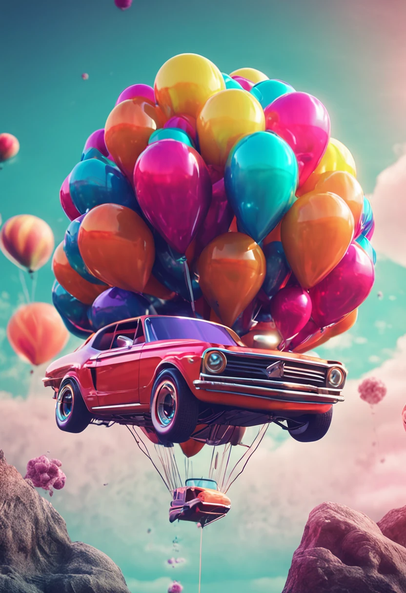 Colorful cars,The balloon floats in the air, concept art inspired by Mike Winkelmann, trending on behance, retro-futurism, style hybrid mix of beeple, in the style of beeple, beeple colors, colorful vivid octane render, cinema 4d colorful render, beeple style, 3 d render beeple