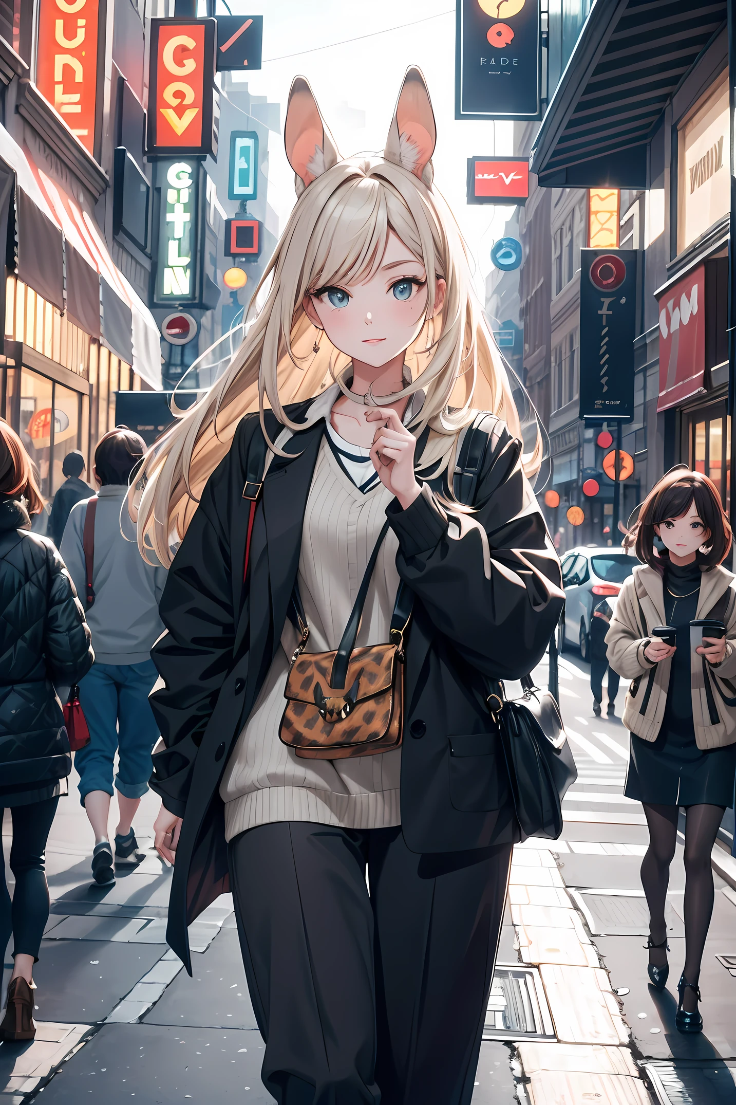 Illustrations with the theme of fashionable animals.
Theme: A scene from daily life featuring stylish animals set in a cityscape.
Characters: Various animals such as cats, dogs, birds, rabbits, squirrels, etc.
Scene: cityscape, cafe, park, shopping mall, etc.
Atmosphere: Stylish and sophisticated
The animals wear fashionable fashion and hairstyles that make use of their individual personalities.
Animals move freely around the city streets and play an active role in a variety of everyday situations.
You can feel the humor and cuteness in the animals' expressions and movements.
A squirrel is dancing in the night city, illuminated by neon lights.