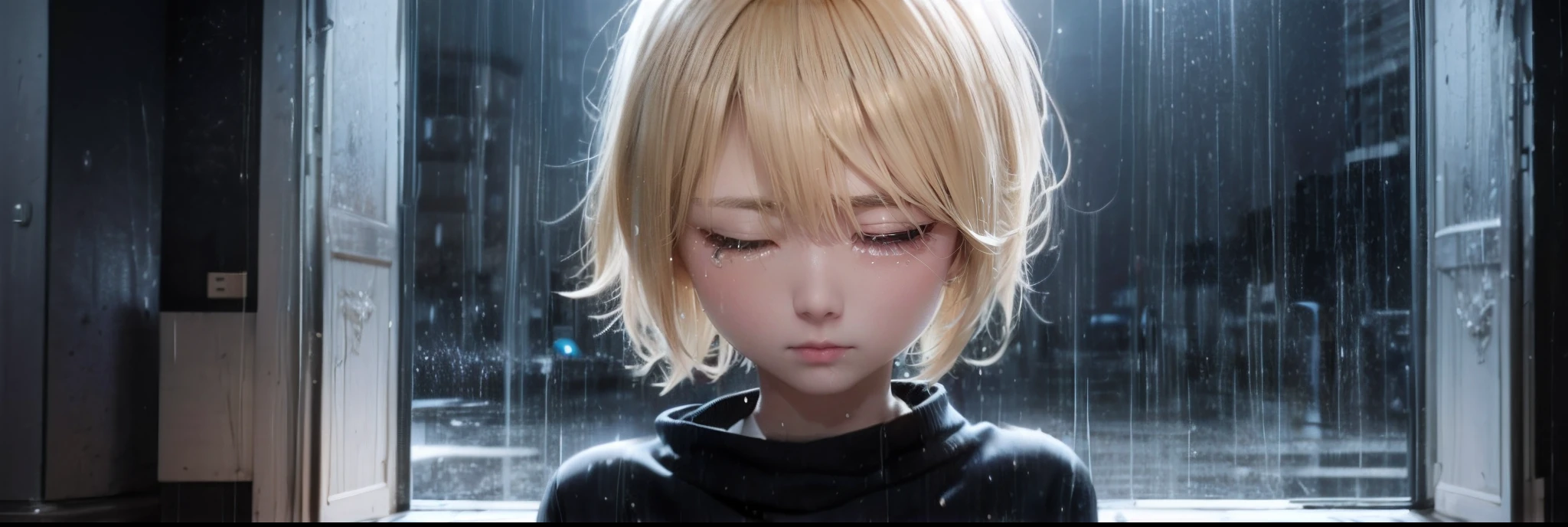 Sad girl,cry,darkness,Rain sky,。.。.。.。.。.。.。.。.。.。.。.3D,Upscale,hard disk,Blonde short,is crying,with his back turned