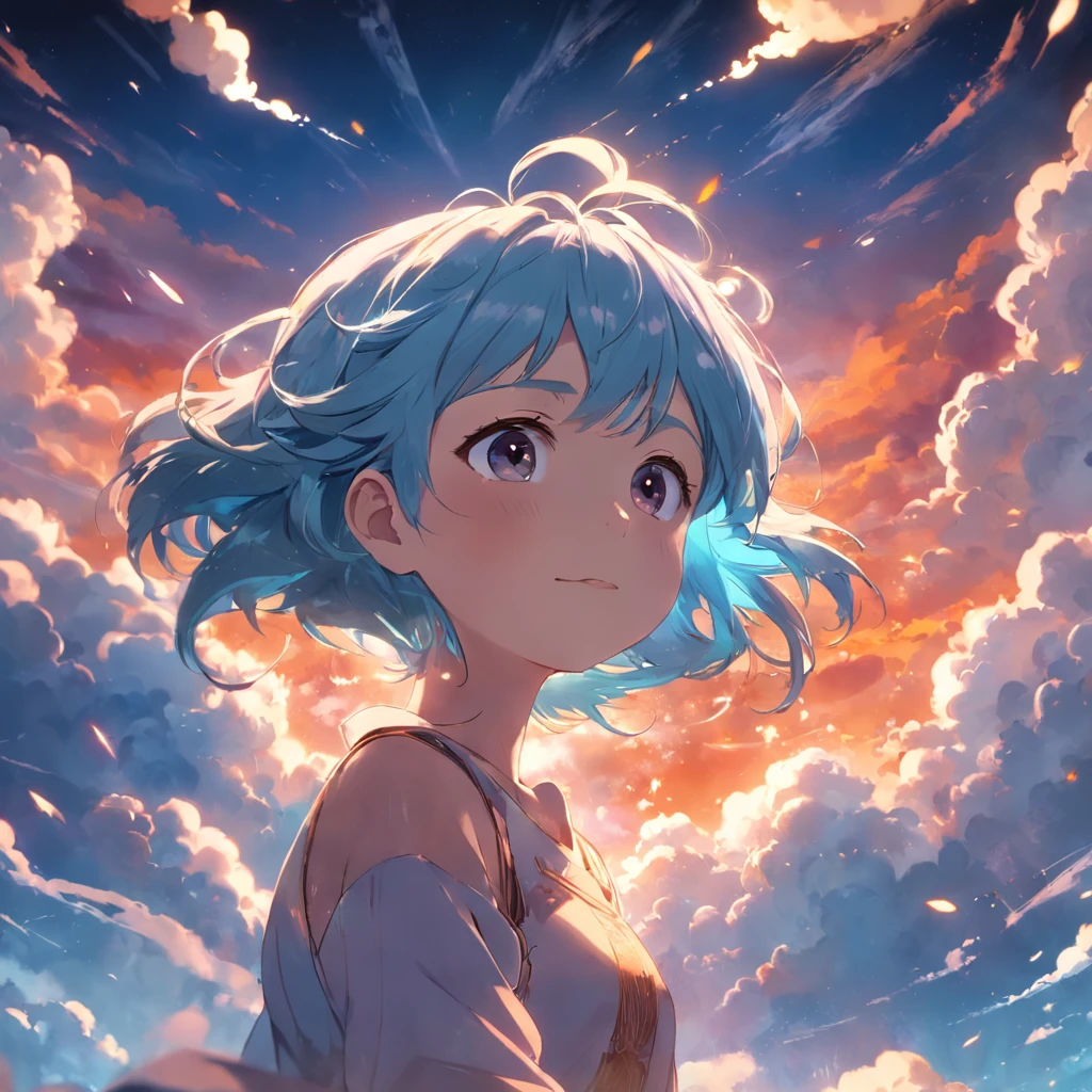 masterpiece, best quality, movie still, 1girl, cloud girl, floating in the sky, close-up, bright, happy, warm soft lighting, sunset, (sparks:0.7)