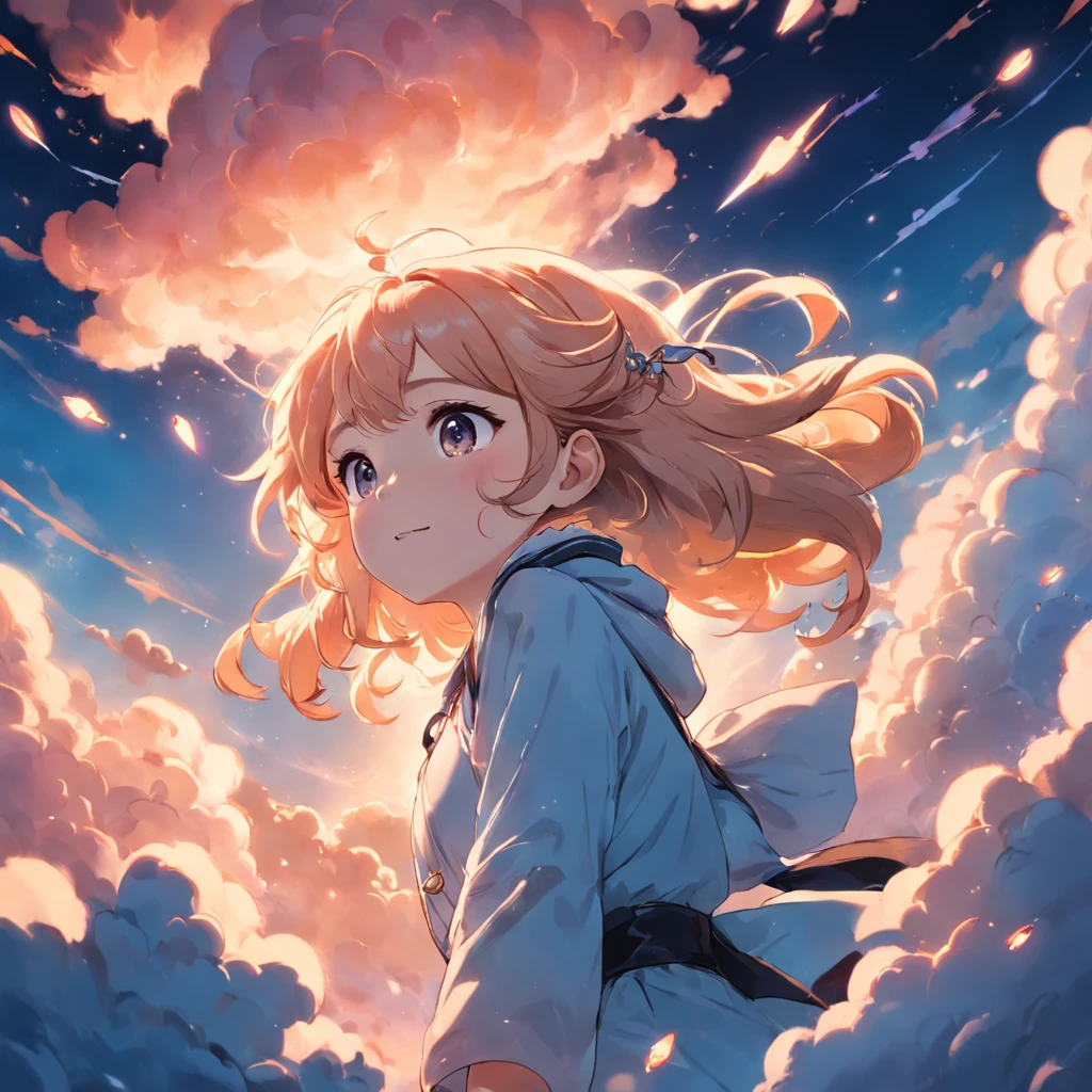 masterpiece, best quality, movie still, 1girl, cloud girl, floating in the sky, close-up, bright, happy, warm soft lighting, sunset, (sparks:0.7)