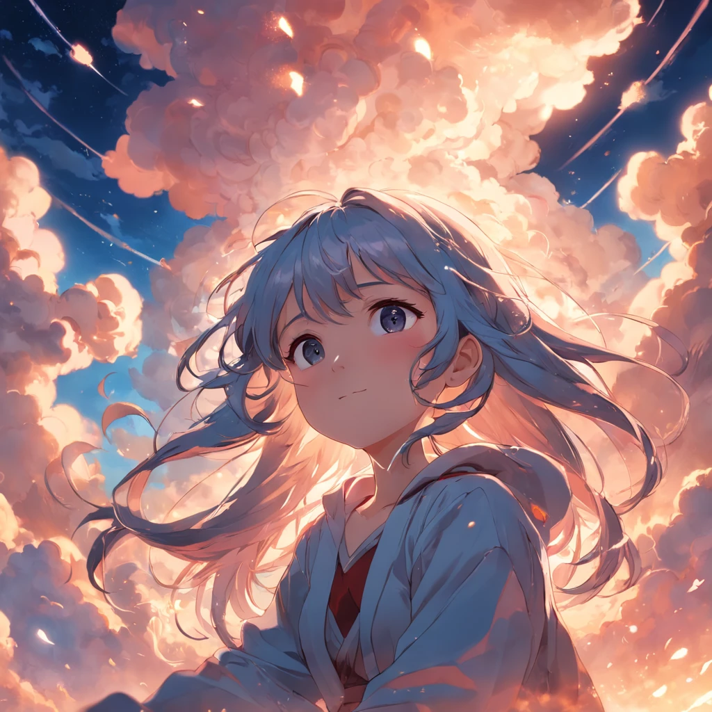 masterpiece, best quality, movie still, 1girl, cloud girl, floating in the sky, close-up, bright, happy, warm soft lighting, sunset, (sparks:0.7)