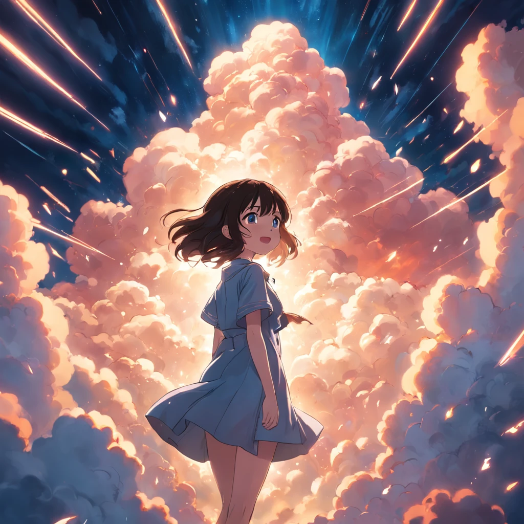 masterpiece, best quality, movie still, 1girl, cloud girl, floating in the sky, close-up, bright, happy, warm soft lighting, sunset, (sparks:0.7)