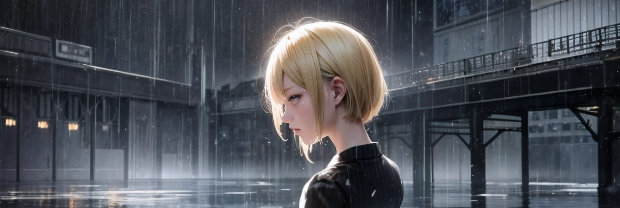 Sad girl,cry,darkness,Rain sky,。.。.。.。.。.。.。.。.。.。.。.3D,Upscale,hard disk,Blonde short,is crying,with his back turned